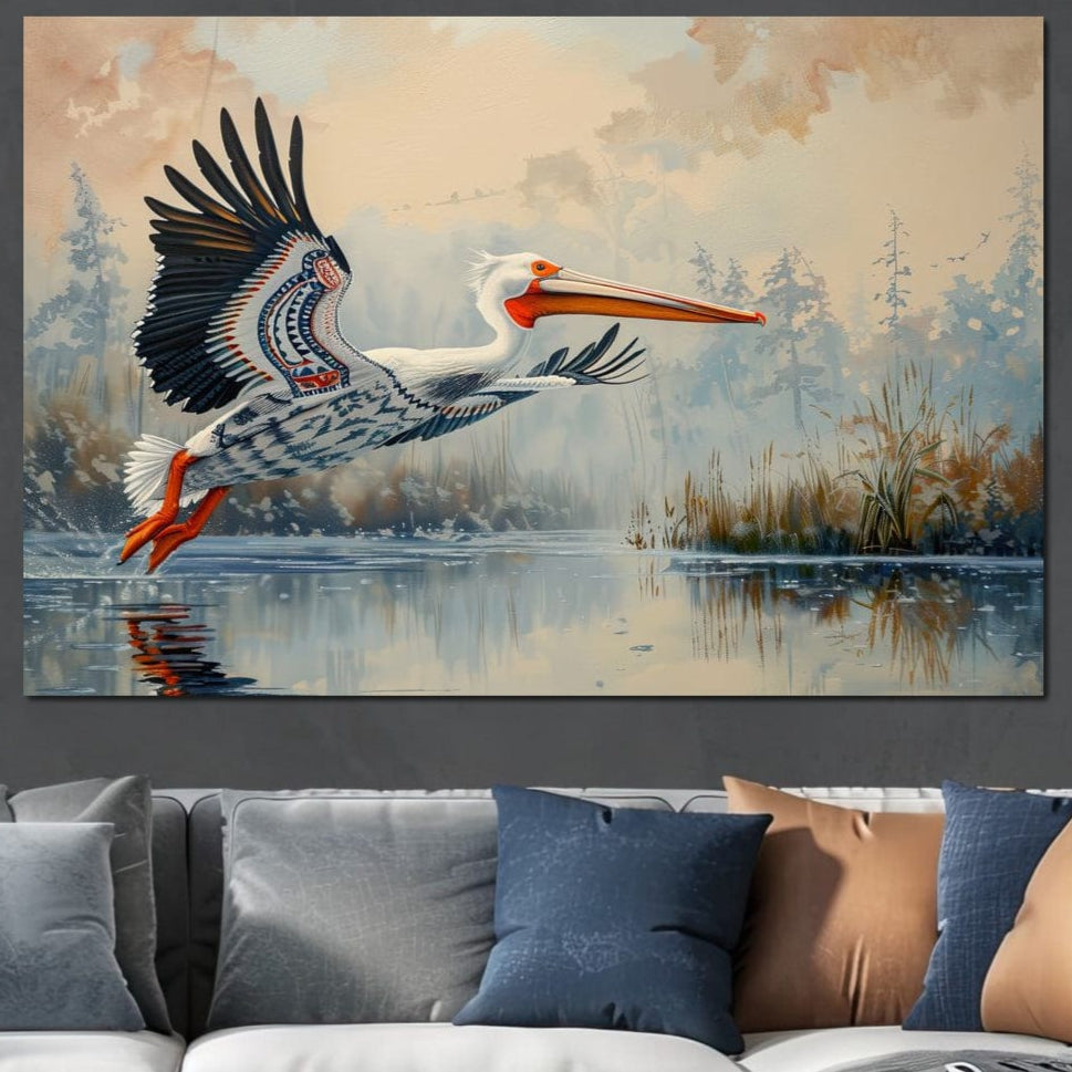 tablou canvas cu un pelican in zbor deasupra unui lac intr-un peisaj natural