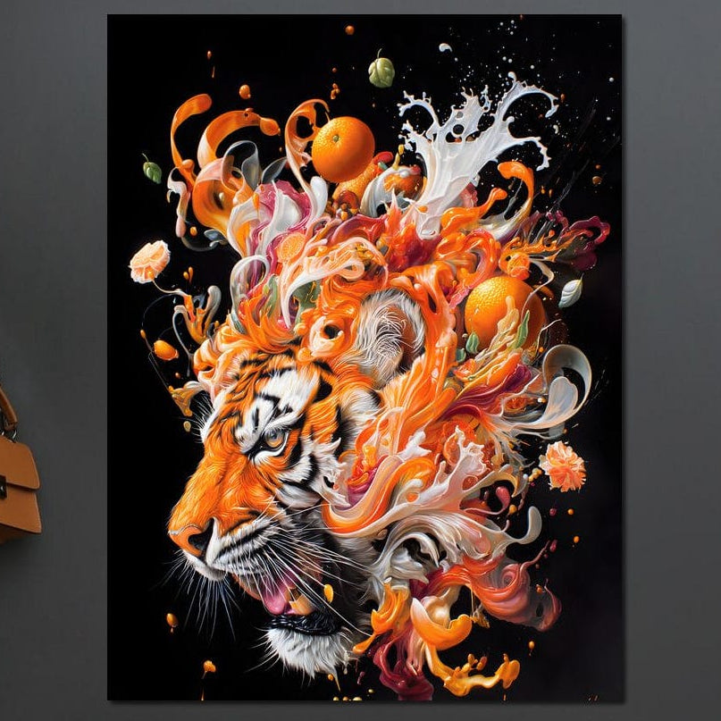 tablou canvas cu un cap de tigru, format din flori si portocale, intr-o combinatie artistica cu pete de culoare, pe fundal negru