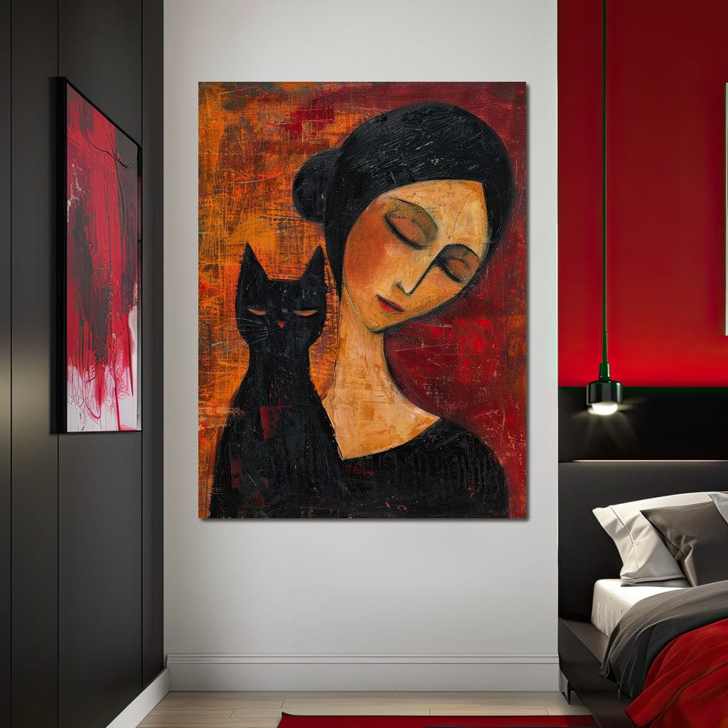 Tablou Canvas Premium, LuxCanva® G1105, Pisica si Muza,  Pisica, Femeie, Umbra, Tacere, Ganduri, Boem, Taina, Emotie, Liniste, Iubire, Living, Dormitor