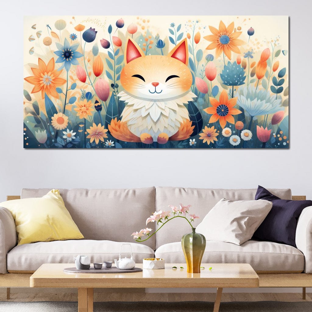 Tablou Canvas Premium, LuxCanva® K1010, Pisicuta Zen,  Gradina, Fermecata, Zambet, Flori, Felina, Fericire, Vise, Taram, Calm, Pisicuta, Blandete, Copilarie, Camera Copii