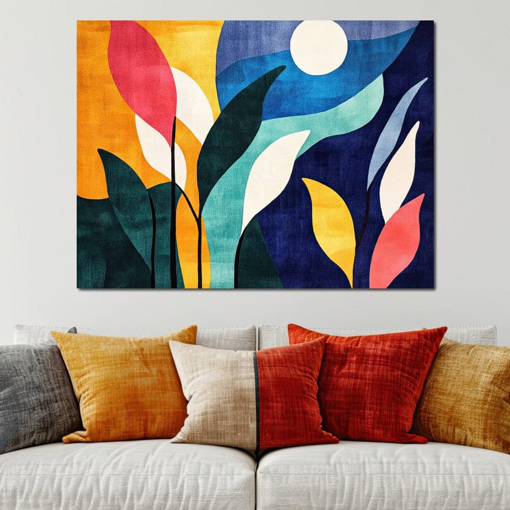 Tablou Canvas Premium, LuxCanva® J1009, Sub Lumina Lunii, Noapte, Tropicala, Gradina, Culori, Albastru, Ecosistem, Cromatic, Peisaj, Luna, Soare, Living, Dormitor