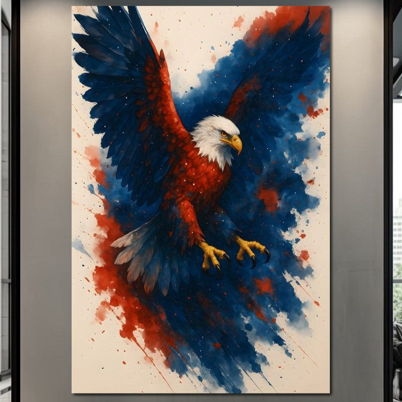 tablou canvas cu un vultur in culori patriotice de rosu, albastru si alb cu aripile desfacute pe fundal cu pete de culoare stil acuarela