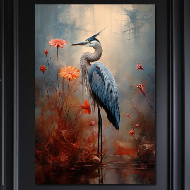 tablou canvas cu un starc albastru pe o apa, inconjurat de flori si vegetatie in nuante calde