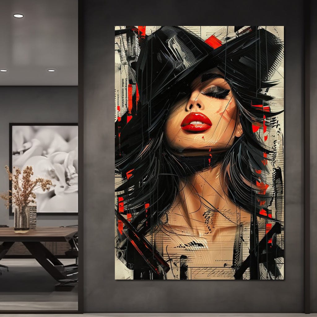 Tablou Canvas Premium, LuxCanva® G1101, Privirea de Catifea, Red, Lips, Privire, Pasiune, Negru, Eleganta, Glam, Palarie, Accesoriu, Living, Dormitor
