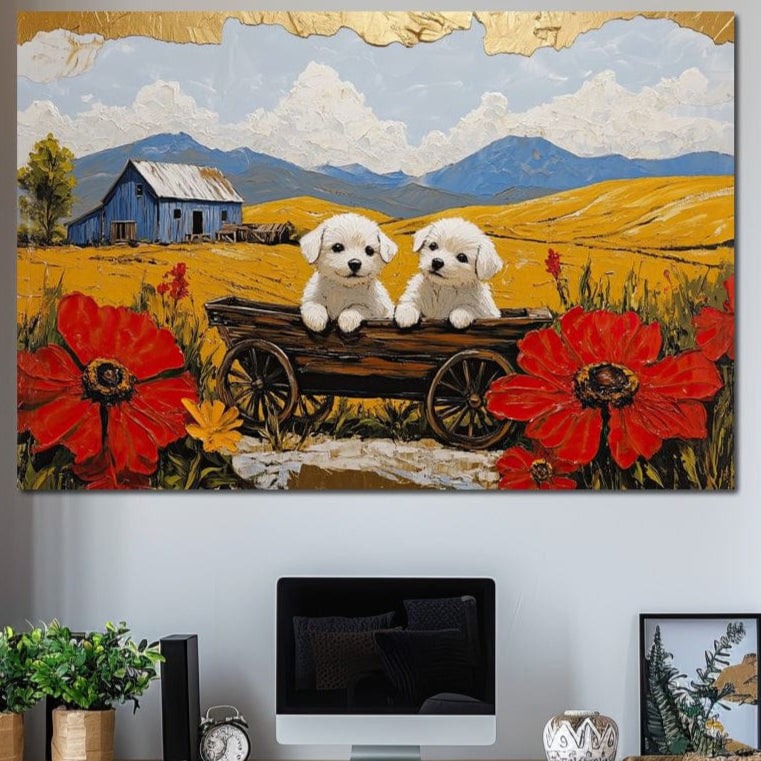 tablou canvas cu doi catelusi albi intr-un caruta de lemn rustica, in mijlocul unui lan auriu de vara, inconjurati de maci rosii si o ferma albastra in departare