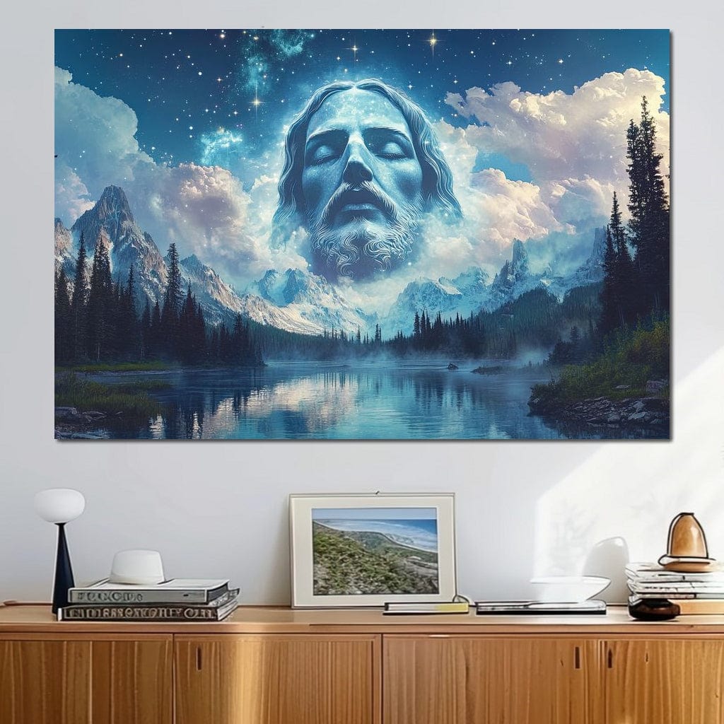 Tablou Canvas Premium LuxCanva® H1048, Intre Cer si Pamant, Iisus, Nori, Munti, Apa, Sacrificiu, Mantuire, Credinta, Har, Spiritualitate, Arta Religioasa, Living, Dormitor