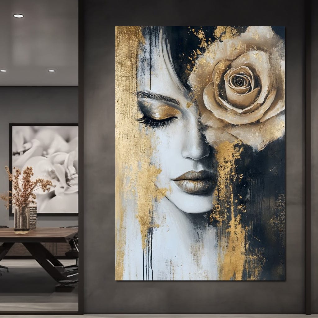 Tablou Canvas Premium, LuxCanva® G1207, Regina muta, Gold, Trandafir, Delicatete, Portret, Fragilitate, Chip, Petale, Umbra, Alchimie, Divin, Taina, Inger, Ochi, Suflet, Salon, Birou, Living, Dormitor