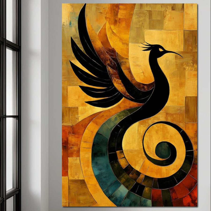 tablou canvas cu o pasare neagra stilizata pe fundal galben, rosu si portocaliu