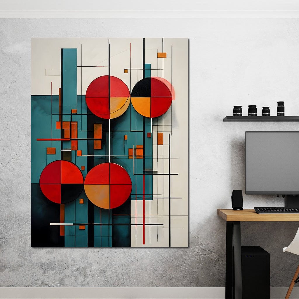 Tablou Canvas Premium, LuxCanva® J1005, Baletul Cercurilor, Coregrafie, Simfonie, Armonii, Compozitie, Circular, Rosu, Turcoaz, Echilibru, Bauhaus, Living, Dormitor