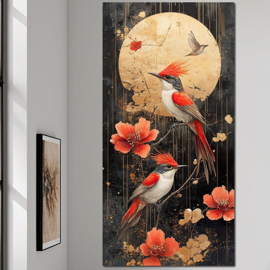 tablou canvas cu doua pasari exotice rosii pe ramuri inflorite, sub lumina aurie a Lunii