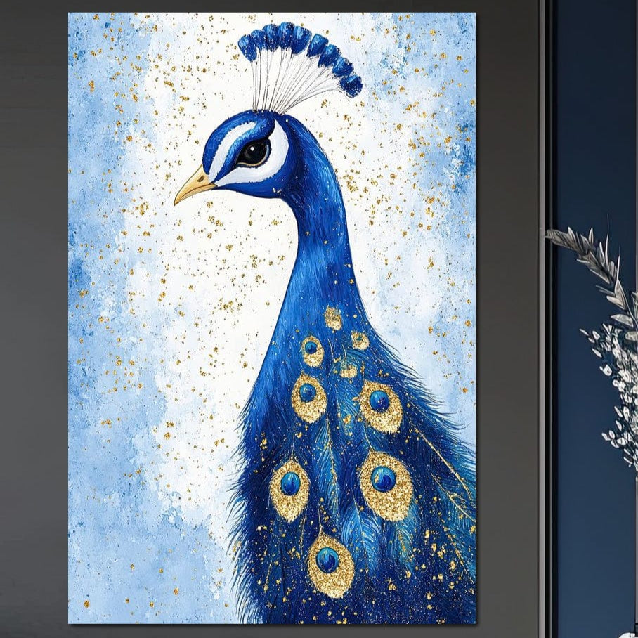 tablou canvas cu un paun albastru regal, decorat cu detalii aurii pe fundal deschis