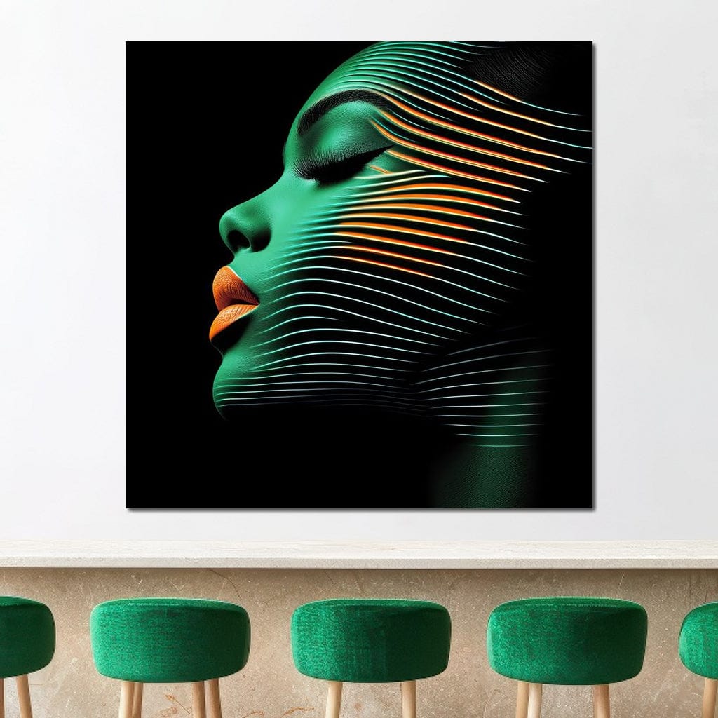 Tablou Canvas Premium, LuxCanva® G1159, Metamorfoza Verdelui, Modern, Expresiv, Portret, Verde, Negru, Futurist, Culori, Efecte, Vibrante, Optic, Raze, Profil, Femeie, Birou, Living, Dormitor