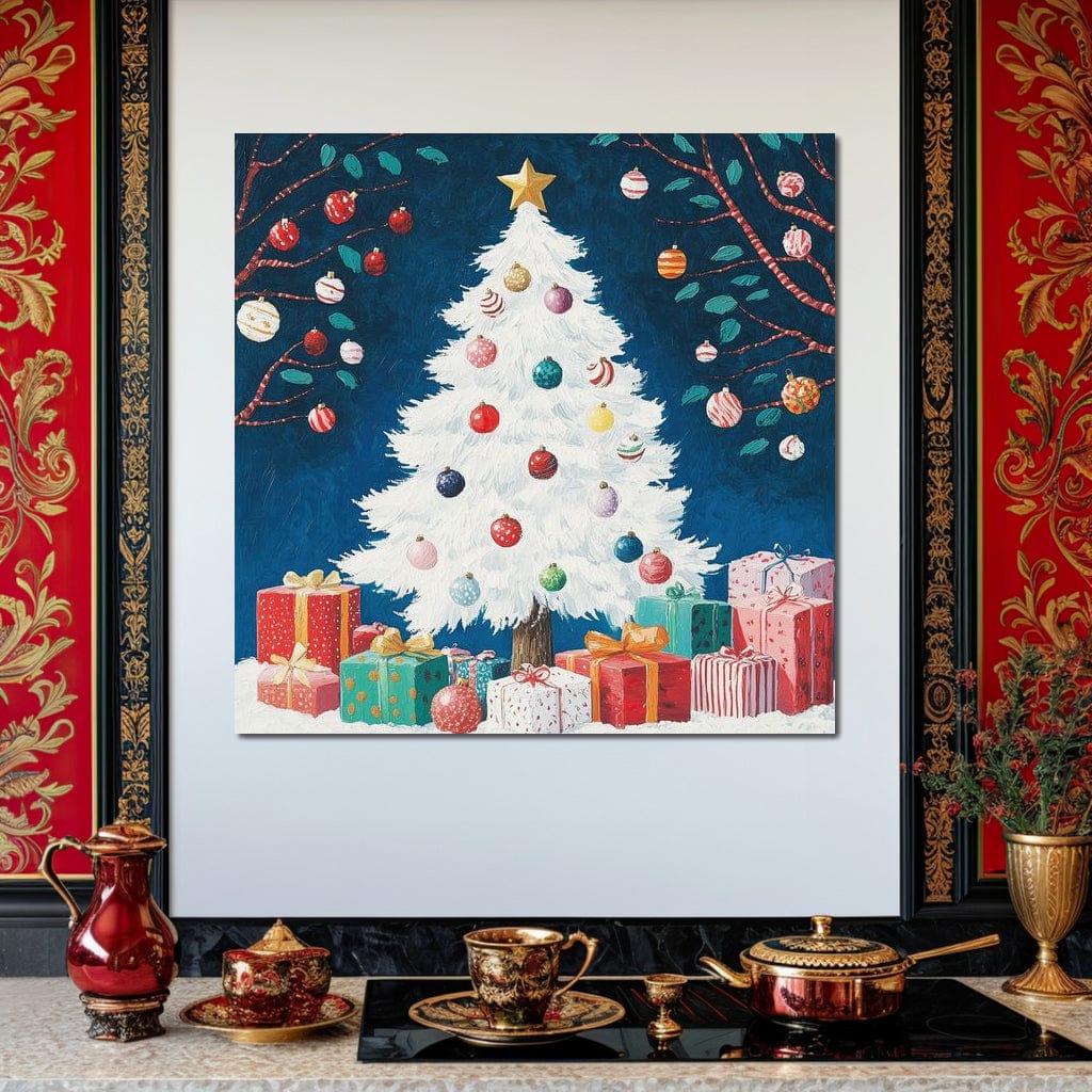 Tablou Canvas Premium LuxCanva® D1051, Farmecul Bradului Alb de Craciun ,  Bradut, Alb, Globulete, Cadouti, Ajun, Copilarie, Living Room, Culori vibrante