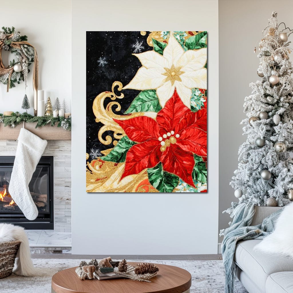 Tablou Canvas Premium LuxCanva® D1026, Aranjament de Craciun , Flori, Craciunita, Rosu, Alb, Decor, Living Room, Culori vibrante