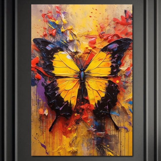 tablou canvas cu un fluture galben intens, pe fundal multicolor stil graffiti