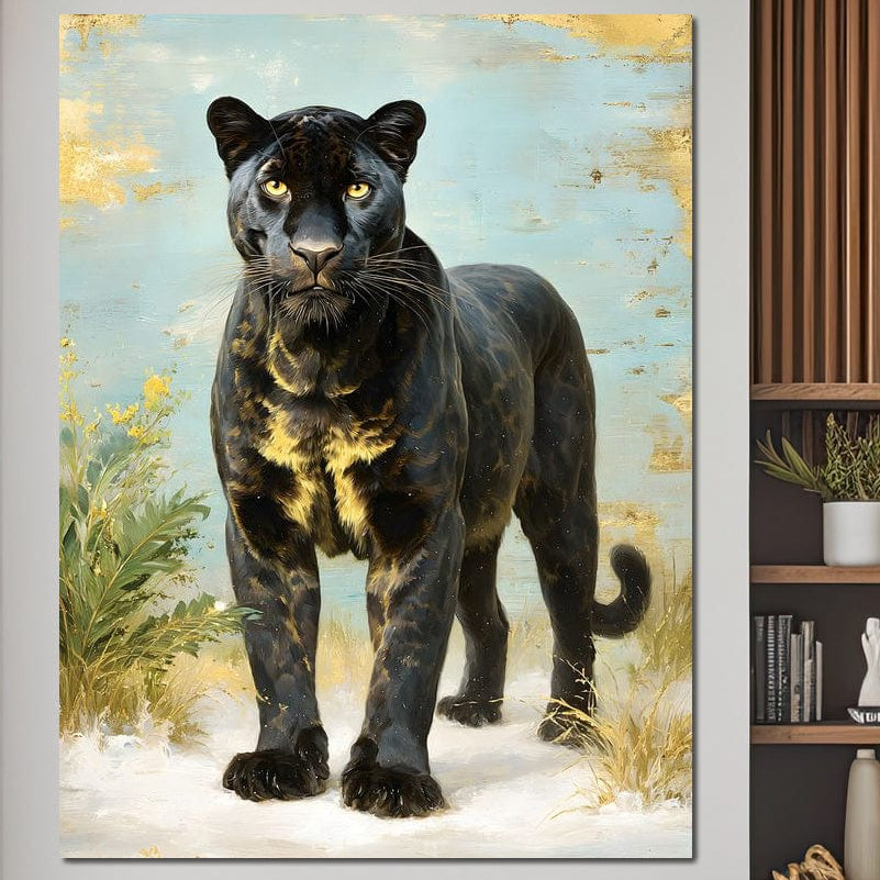 tablou canvas cu o pantera neagra in raze de lumina, pe fundal de natura pictat in nuante reci cu accente aurii si vegetatie