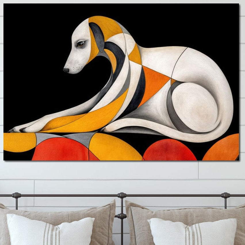 tablou canvas cu un caine desenat in forme abstracte pe fundal negru