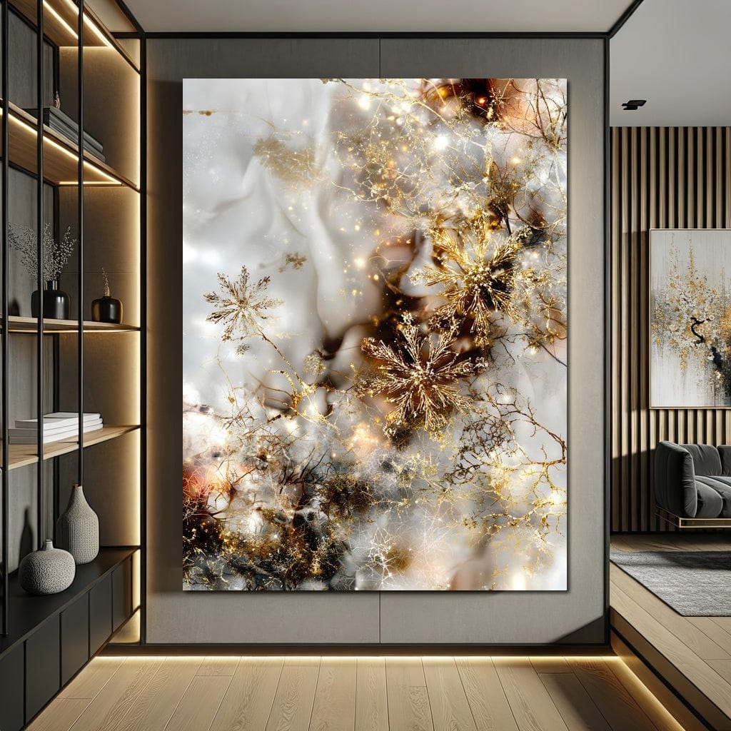 Tablou Canvas Premium, LuxCanva® D1067, Sclipire Inghetata, Aur, Iarna, Fragilitate, Fulgi, Lumina, Cristal,Dans, Alb, Eleganta, Rafinament, Frumusete, Abstracta, Stralucire, Camera Copil, Living, Dormitor