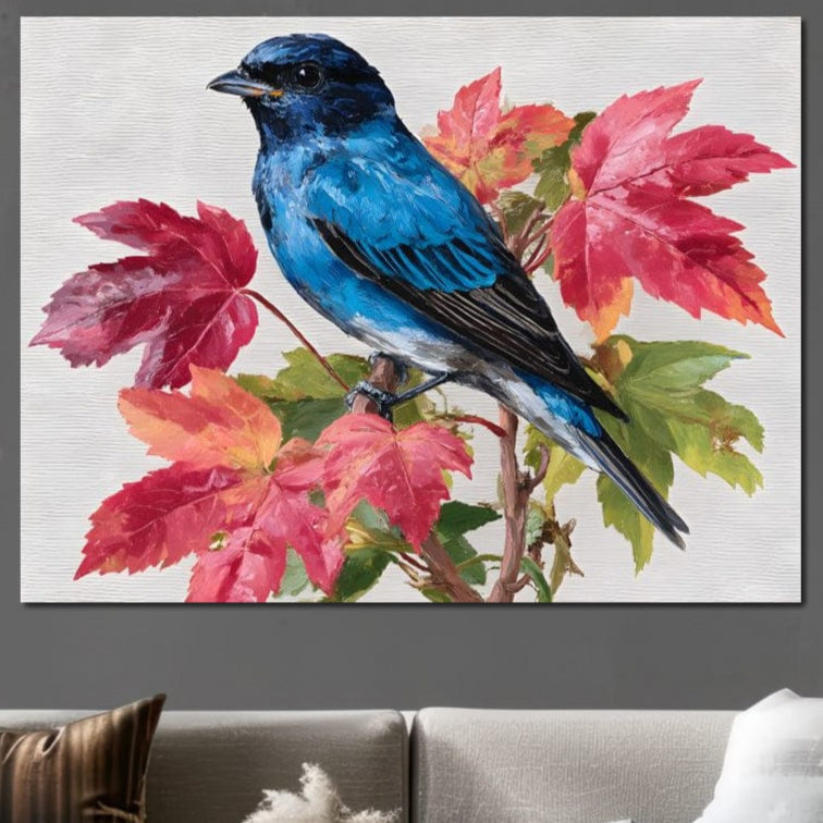 tablou canvas cu o pasare albastra pe o ramura cu frunze rosii si verzi pe fundal texturat deschis