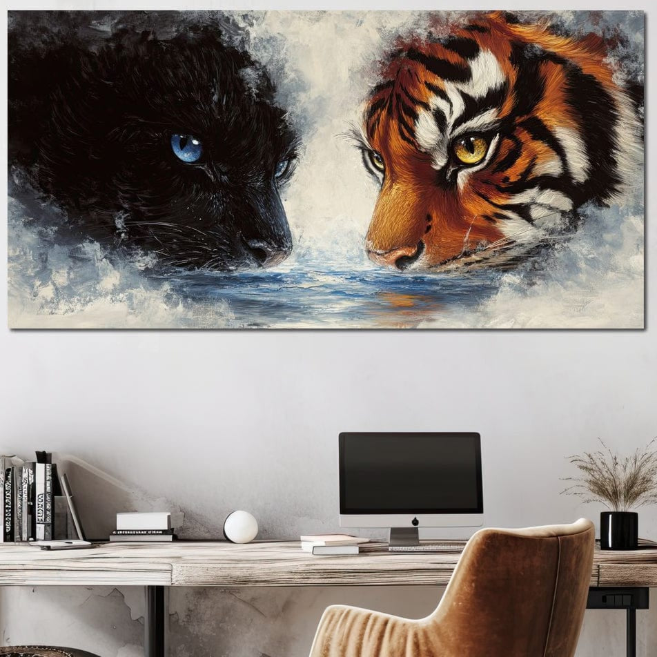 tablou canvas cu un tigru cu ochii galbeni si o pantera neagra cu ochii albastri, intr-o confruntare pe fundal cu apa si valuri