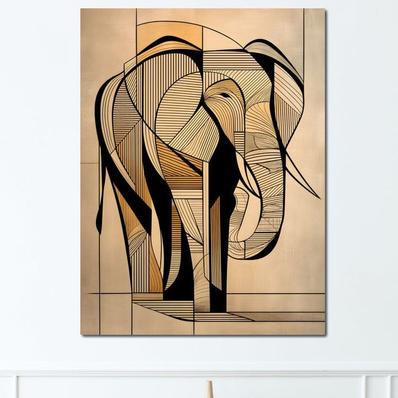 tablou canvas cu un elefant redat in linii negre si forme geometrice, in stil abstract si modern