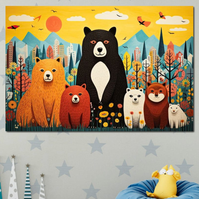 Tablou Canvas Premium, LuxCanva® K1007, Familia de Ursuleti, Padure, Munte, Oras, Prieteni, Poiana, Magica, Decor, Veselie, Prietenie, Caldura, Natura, Barlog, Camera Copii