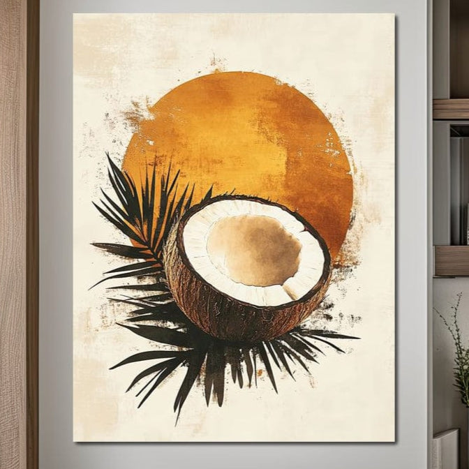 tablou canvas cu o nuca de cocos pe frunze de palmier, pe fundal deschis cu un cerc auriu