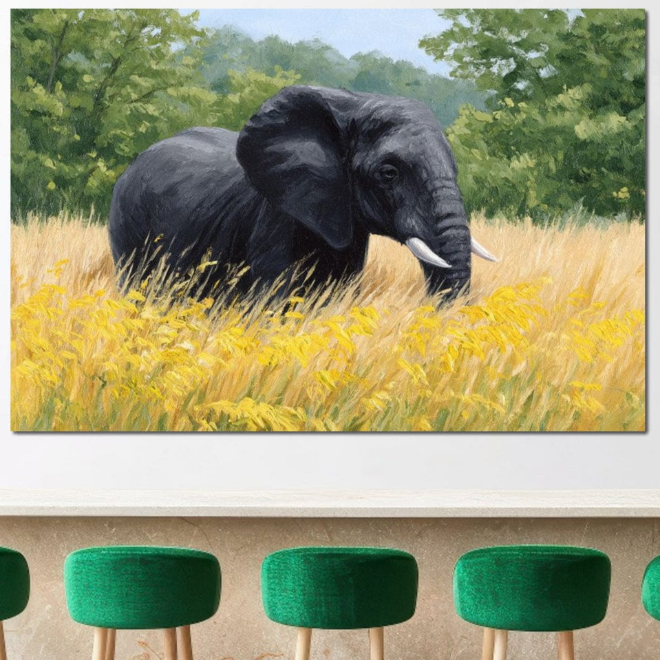 tablou canvas cu un elefant intr-un lan auriu, pe fundal natural cu vegetatie, redat in stil pictura