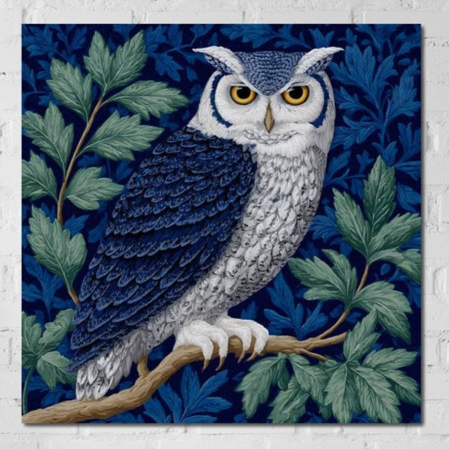 tablou canvas cu o bufnita cu penaj albastru si alb pe o ramura cu frunzis decorativ, pe fundal texturat albastru