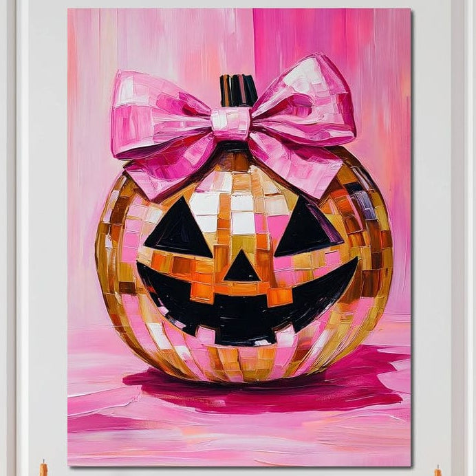 tablou canvas cu un dovleac decorat de Halloween cu fundita roz, pe fundal roz aprins