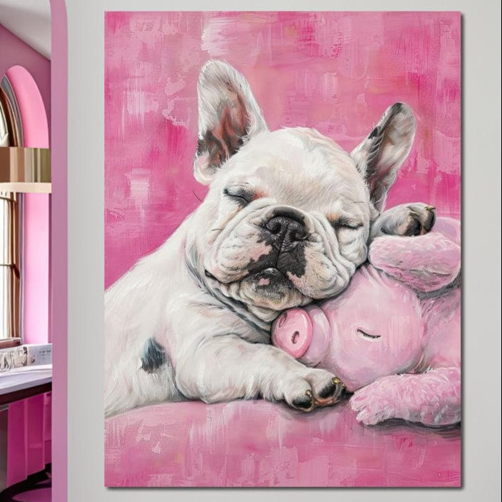 tablou canvas cu un bulldog francez alb imbratisand si dormind cu un porcusor mic si roz, pe fundal in roz vibrant stil pictura