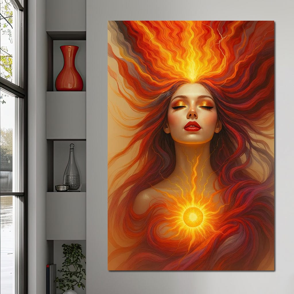 Tablou Canvas Premium, LuxCanva® G1158, Zeita Focului, Flacari, Soare, Chakre, Rosu, Auriu, Energie, Solara, Raze, Puritate, Simbolism, Mistic, Aura, Meditatie, Zen, Birou, Living, Dormitor