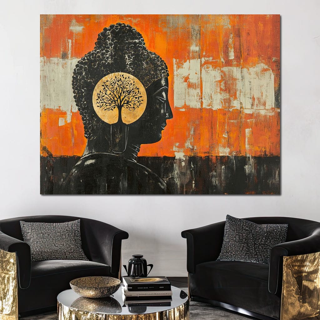 Tablou Canvas Premium, LuxCanva® I147, Pacea Mintii, Buddha, Zen, Liniste, Intelepciune, Copac, Ramuri, Profil, Arta Sacra, Meditatie, Armonie, Portocaliu, Living, Dormitor