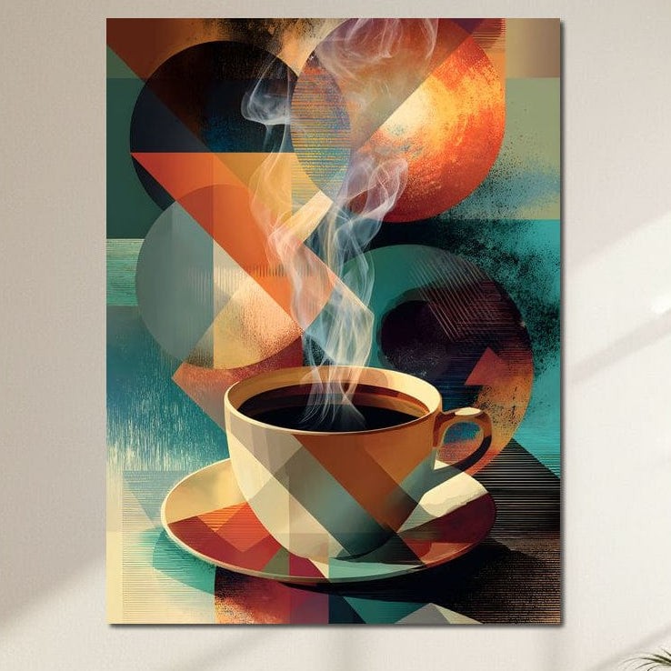 tablou canvas cu o ceasca de cafea espresso fierbinte, cu aburi, pe fundal abstract in cercuri si linii desenate in nuante calde si reci
