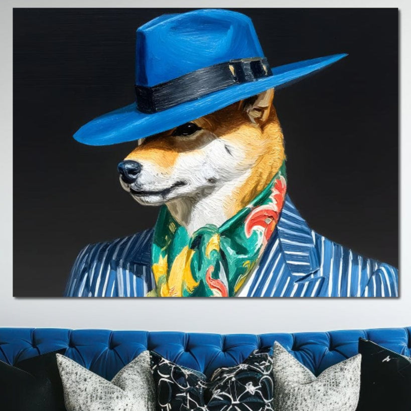 tablou canvas cu un caine imbracat elegant la costum in dungi, cu esarfa verde si palarie albastra, pe fundal negru