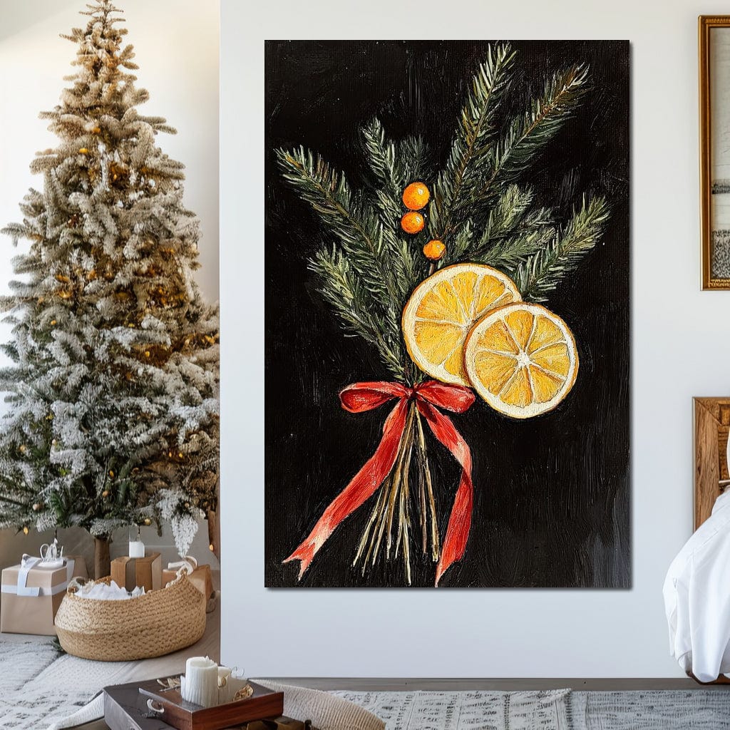 Tablou Canvas Premium LuxCanva® D1015, Ramuri Aromate de Brad , Ramuri, Brad, Portocale, Miros, Living Room, Culori vibrante
