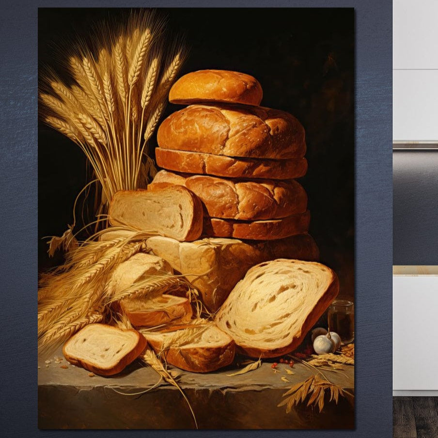 tablou canvas cu felii de paine, pe o masa rustica, alaturi de fire de grau
