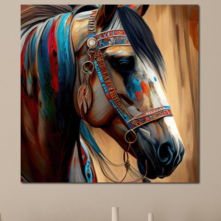 tablou canvas cu un portret de cal, decorat cu ornamente multicolore tribale, pe fundal pictat in nuante calde