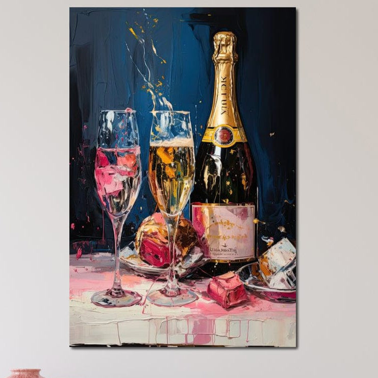 tablou canvas cu o sticla si doua pahare de sampanie, pictate intr-un decor de petrecere