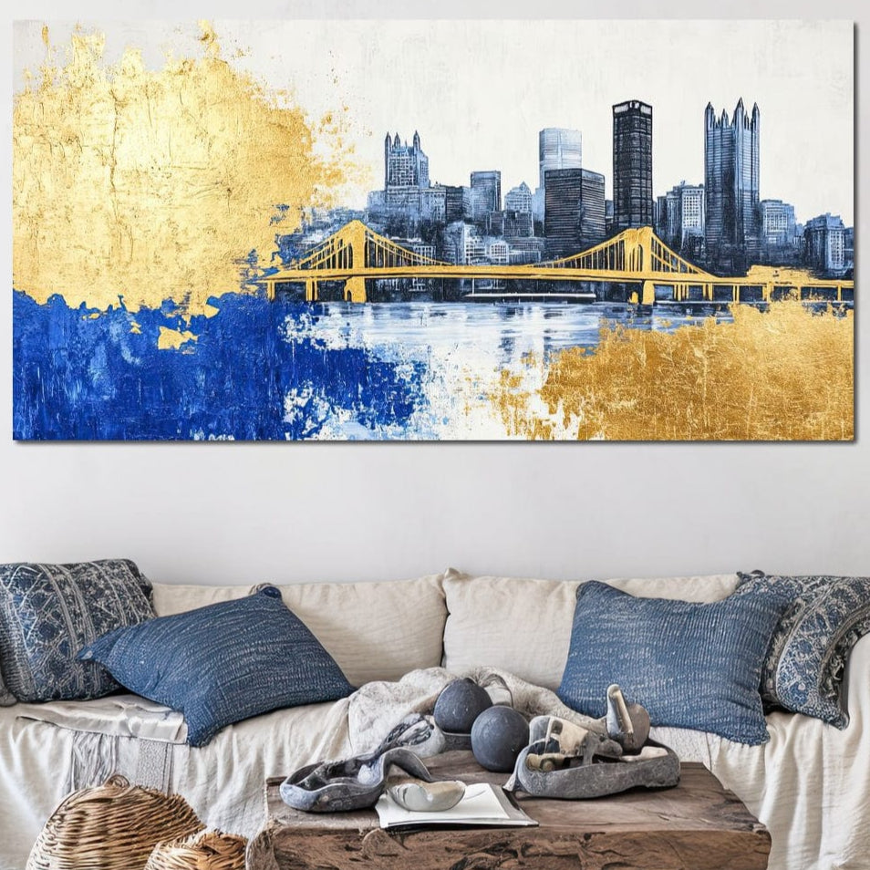 Tablou Canvas Premium, LuxCanva® O1030, Puntea dintre Cer si Apa, Pod, Gold, Auriu, Albastru, Armonie, Ecou, Oras, Umbre, Plutire, Structuri, Calator, Fericire, Motivatie, Birou, Living, Dormitor