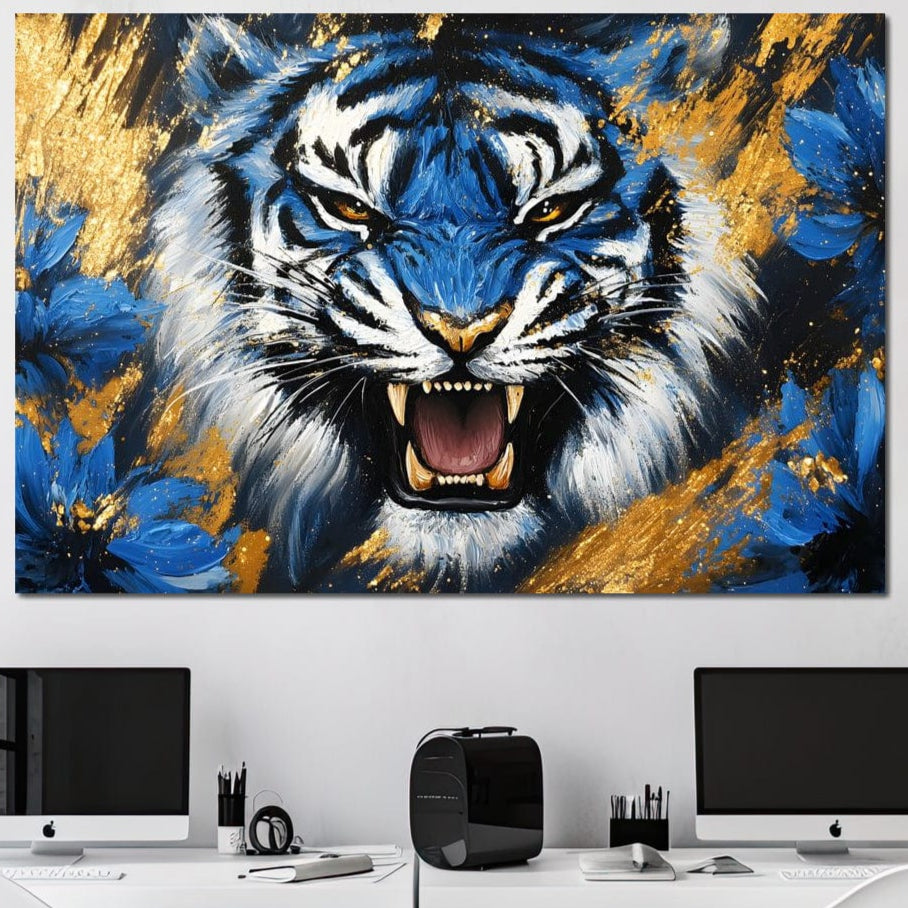 tablou canvas cu un tigru alb si albastru, pe fundal abstract cu flori colorate si accente aurii 