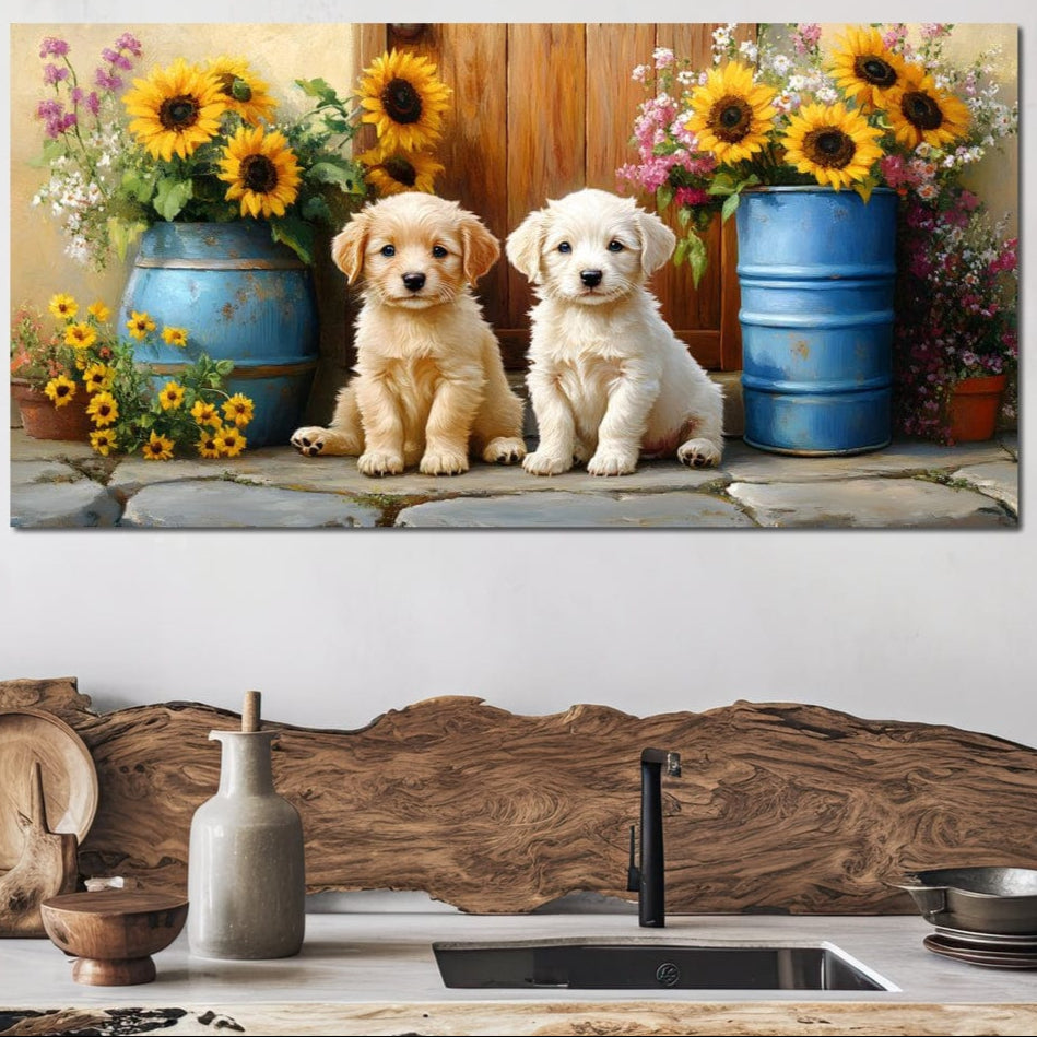 tablou canvas cu doi catelusi in fata unei case, langa doua butoiase cu Floarea-Soarelui, pe fundal rustic