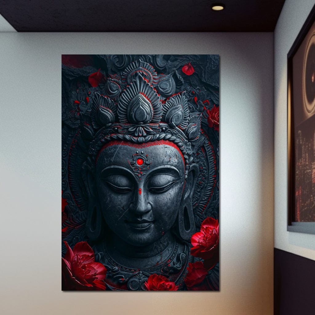 Tablou Canvas Premium LuxCanva® I132, Flori de Intelepciune, Buddha, Zen, Spiritualitate, Echilibru, Profunzime, Energie, Flori, Coroana, Noapte, Rosu, Living, Dormitor