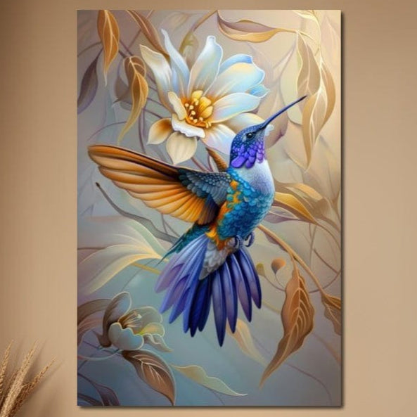 tablou canvas cu o pasare colibri multicolora in zbor langa o floare alba  deschisa