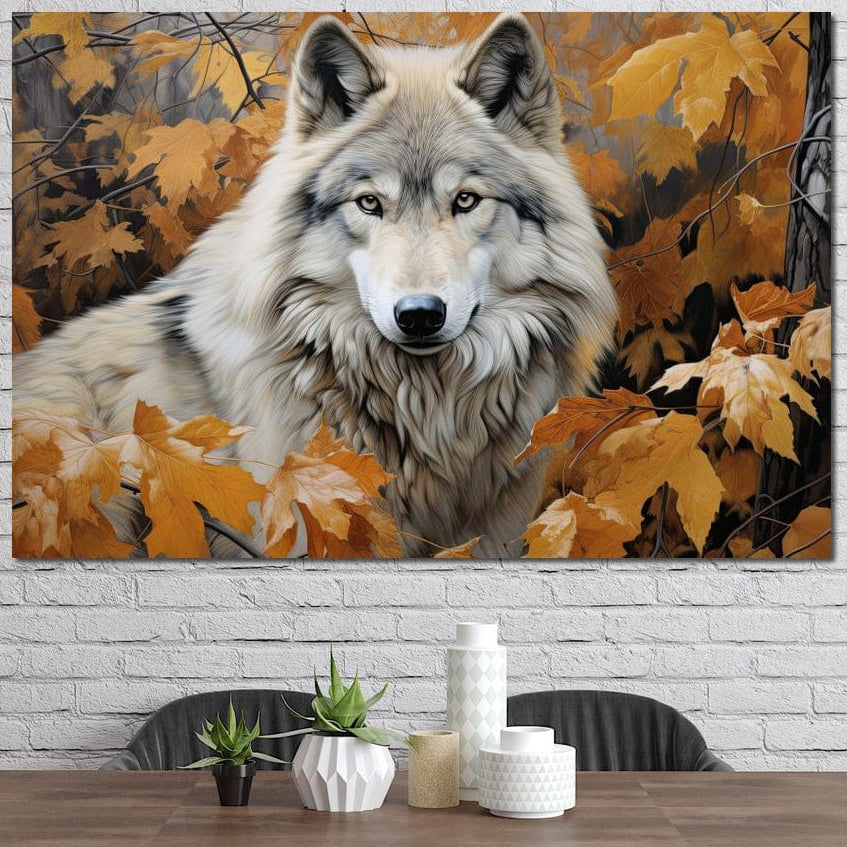 tablou canvas cu un lup alb in padure, printre frunze aramii de toamna