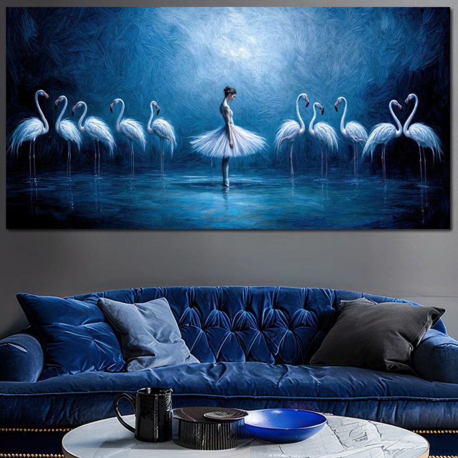 tablou canvas cu o balerina inconjurata de pasari flamingo pe fundal albastru