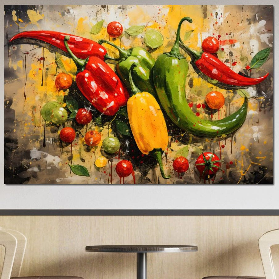 tablou canvas cu ardei picanti pictati in nuante de rosu, verde si galben, pe un fundal abstract alaturi de alte legume