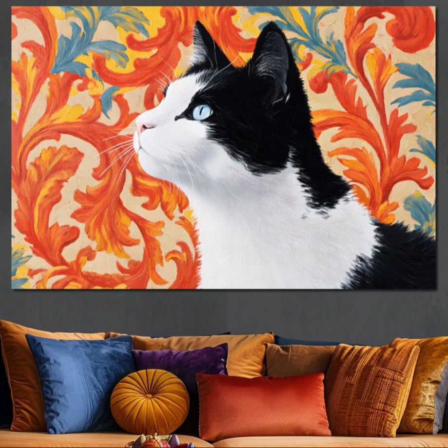 tablou canvas cu o pisica surprinsa din profil, cu blana in alb si negru, pe fundal abstract si ornamental pictat in tonuri de portocaliu, galben si albastru