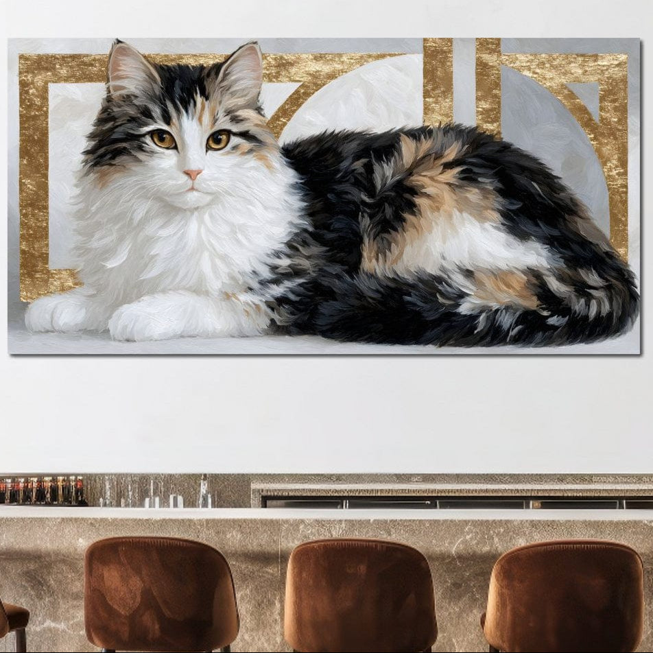 tablou canvas cu o pisica calico, cu blanita pufoasa in nuante de negru, alb si portocaliu, pe fundal abstract cu accente aurii