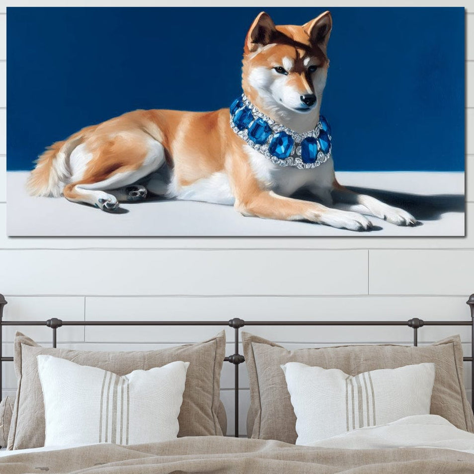 tablou canvas cu un caine shiba elegant, intr-o postura relaxanta purtand un colier cu pietre albastre, pe fundal minimalist albastru si alb